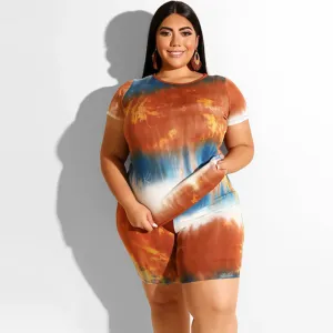 XXL-5XL Women Plus Size Fashion Tie Dye Short-sleeve Tee And Shorts Two-piece Sets