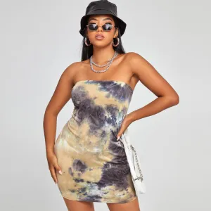 Women Fashion Sexy Tie-Dye Printing Plus Size Tube Dress
