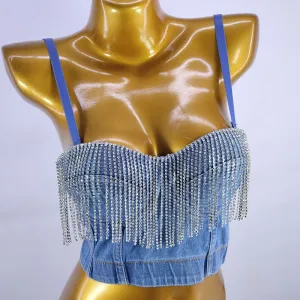 Women'S Denim Bandeau Tassel Diamond Camisole Corset