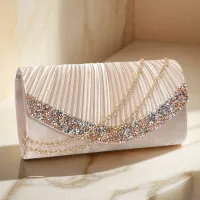 Women Fashion Metal Ring Colored Stone Diamond Drawstring Bucket Dinner Bag