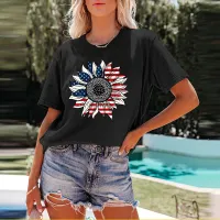 Women Fashion Star Stripe Sunflower Flag Print Pattern Short Sleeve T-Shirt