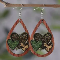 St Patricks Day Women Fashion Hollow Heart Clover Double Sided Wooden Water Drop Earrings