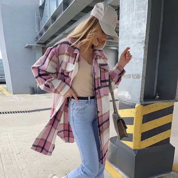 Spring Women'S Casual Fashional Lapel Single Breasted Plaid Long Sleeve Mid Length Loose Shacket
