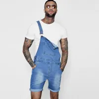 S-2XL Men Metal Button Pocket Patchwork Denim Rompers