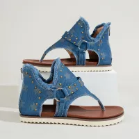 Plus Size Women Fashion Boho Raw Edge Stud Flip Flip Back Zipper Rivet Denim Sandals