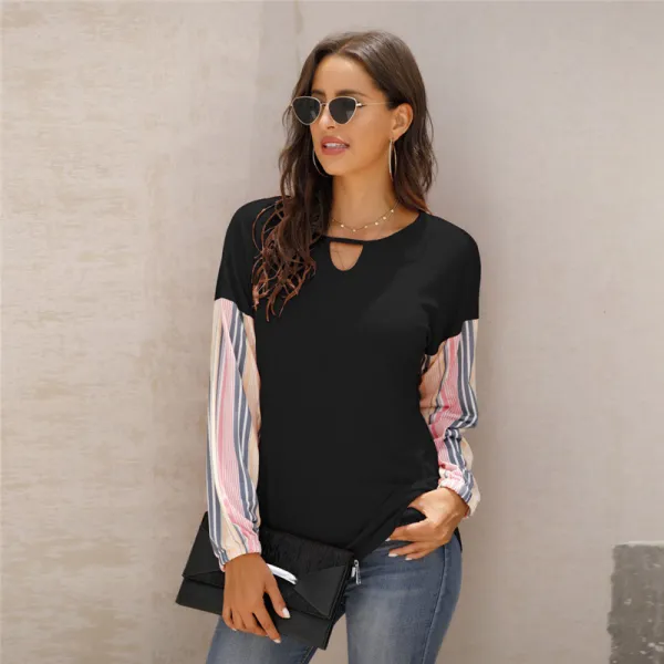 S-XXL Women Fashion Patchwork Long Sleeve T-Shirt