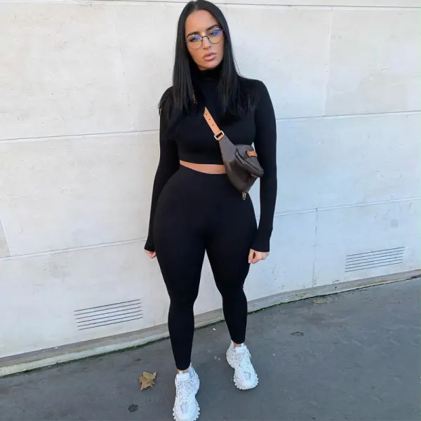 S-L Women Fashion Solid Color Long Sleeve Top And Pants Sports Two Piece Set