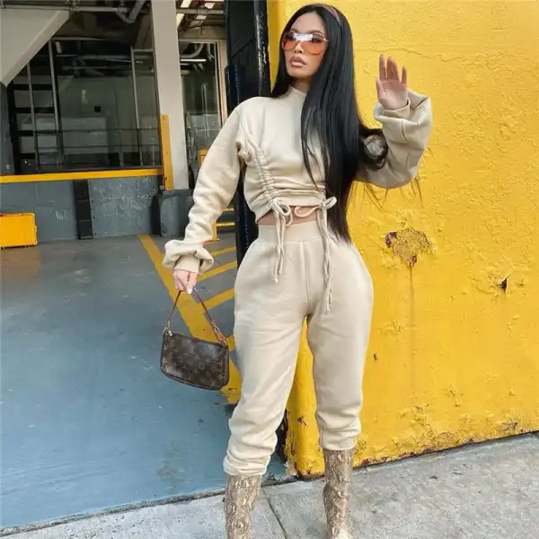 S-5XL Women Fashion Solid Color Drawstring Top And Pants Two Pieces Set