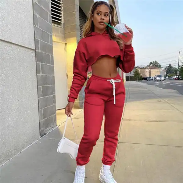 S-3XL Women Fashion Solid Color Cropped Hoodie And Sweatpants Two Pieces Set