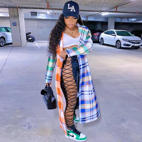 Women Fashionable Casual Multicolor Plaid Print Shirt Coat Shacket