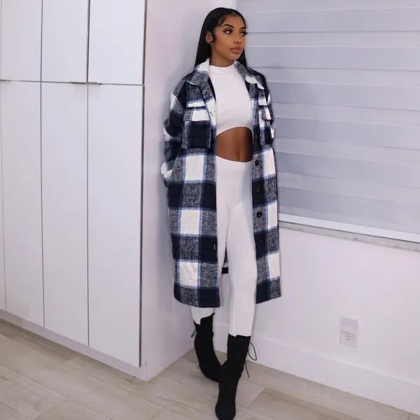 Women Fashion Plaid Print Shirt Coat Shacket