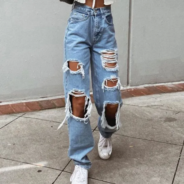 Women Edgy Ripped Raw Hem Loose Waist Wide Leg Jeans