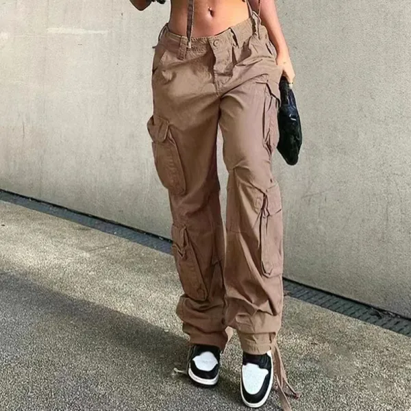 Women Fashion Solid Color Casual Low Waist Loose Cargo Pants