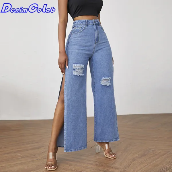 Women Fashion Elegant Casual Loose Ripped Side-slit Wide Legs Jeans