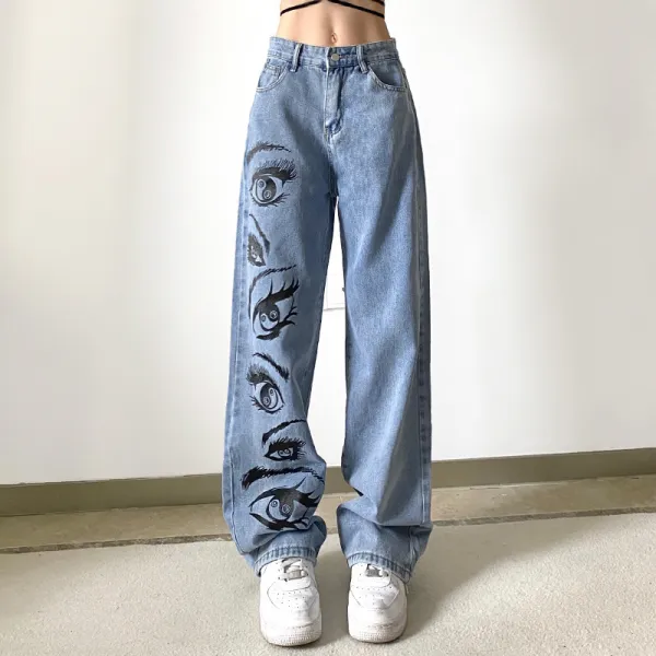 Women Denim Eye Print Fashion High Waist Loose Casual Wide-leg Jeans