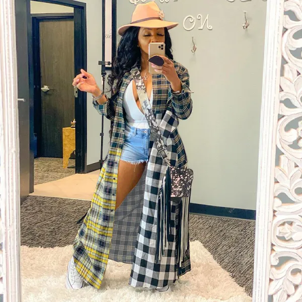Women Fashion Casual Multicolor Plaid Patchwork Long Blouse Shacket
