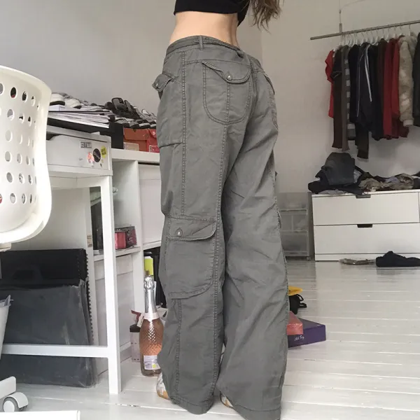 Women Fashion Low Waist Loose Casual Trousers Vintage Pocket Loose Cargo Pants