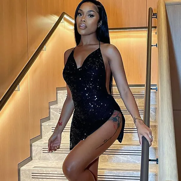 Women'S Sexy Open Back Hollow Hanging Sequin Dress