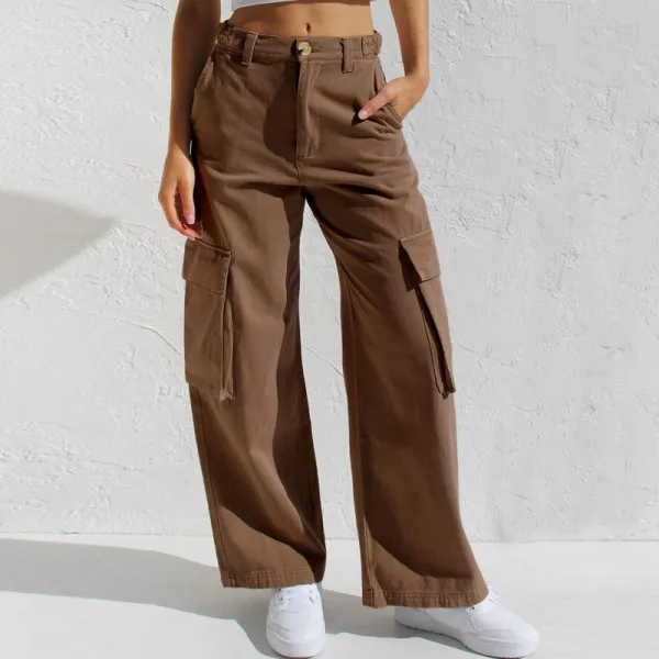 Women Solid Color Multi Pocket Low Waist Wide-leg Jeans Cargo Pants
