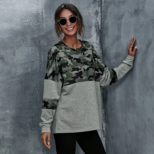 Women Casual Color Blocking Long Sleeve Round Neck Patchwork Camouflage Print Autumn T-shirt Top
