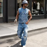 بنطلون جينز رجالي عصري كاجوال مطاطي ممزق