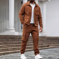 Men Casual Lapel Short-Sleeved Solid Color Waffle Polo Shirt And Shorts Two-Piece Set