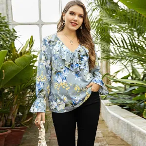 Women Summer Fashion Flower Printed Plus Size Casual Shirt Blouse