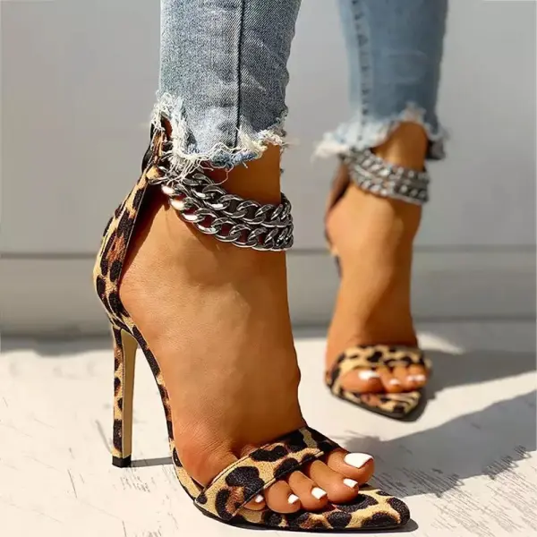 Size:5-11 Women Sexy Metal Chain Buckle Ankle Strap Animal Printed High Heels