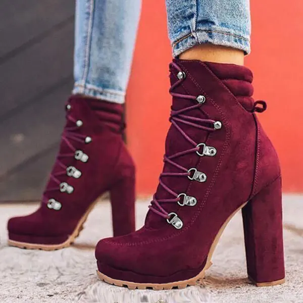Women Spring Style Thick Heel Thick Bottom Solid Color Suede Upper Platform Ankle Short Boots
