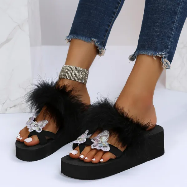 Fashion Plush Butterfly Platform Flip-Flops