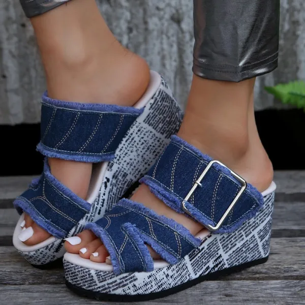Women Fashion Plus-Size Denim Rough Thick-Soled Wedge Heel Peep Toe Slippers