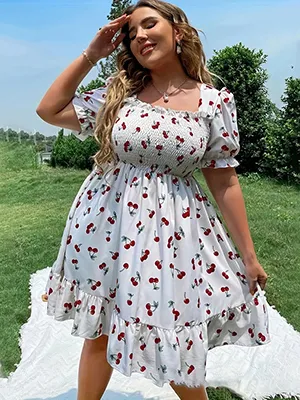 Women Fashion Casual Plus Size Embroidery V-Neck Short-Sleeve Loose Dress