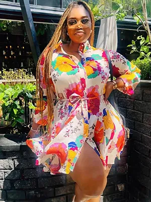 Women Fashion Casual Plus Size Cherry Print Bubble Sleeve Dress