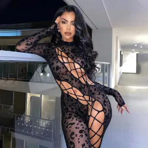 Women Round Neck Leopard Printed Long Sleeve Hollow Lace Jumpsuit