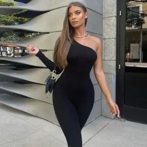 Women Fashion Athleisure Slanted Shoulder One-Sleeve Solid Color Sexy Tight Jumpsuits