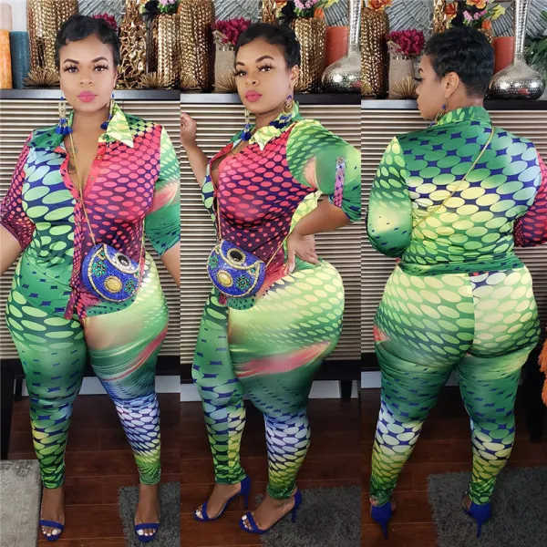 XL-5XL Women Fashion Plus Size Contrast Snake Print Lapel Blouses And Pants Two Piece Set
