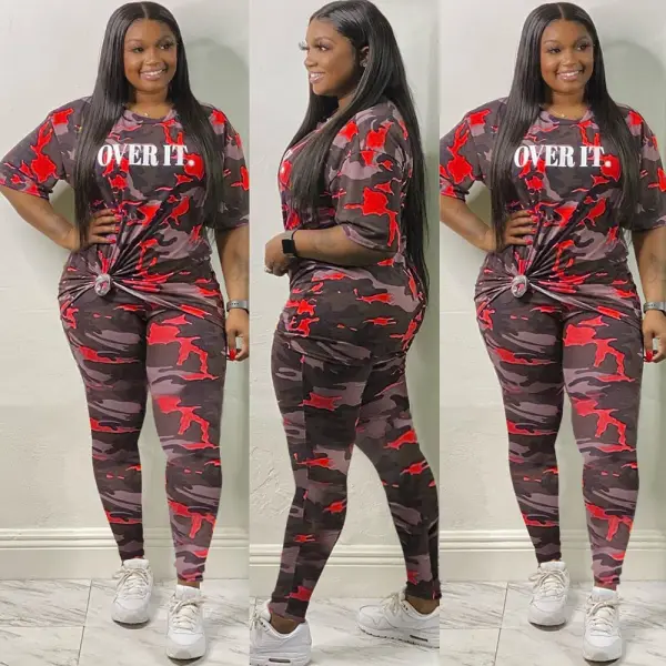 XL-5XL Women Plus Size Camouflage Printing Top And Pants Two Pieces Set