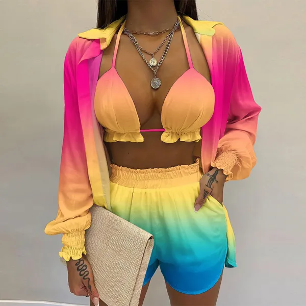 Summer Women Fashion Sexy Vacation Cardigans Shorts Three Piece Set