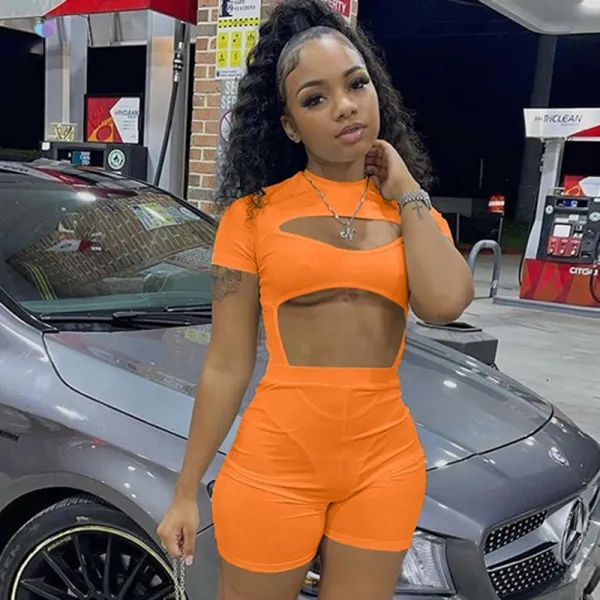 Women Edgy Sexy Orange Athleisure Sexy Cut Out Short Sleeves Solid Color Bodysuit And Shorts Two Piece Set