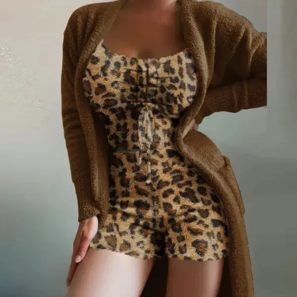 Women Plush Print Tank Top And Shorts And Long Sleeve Coat Knitted Three Piece Set
