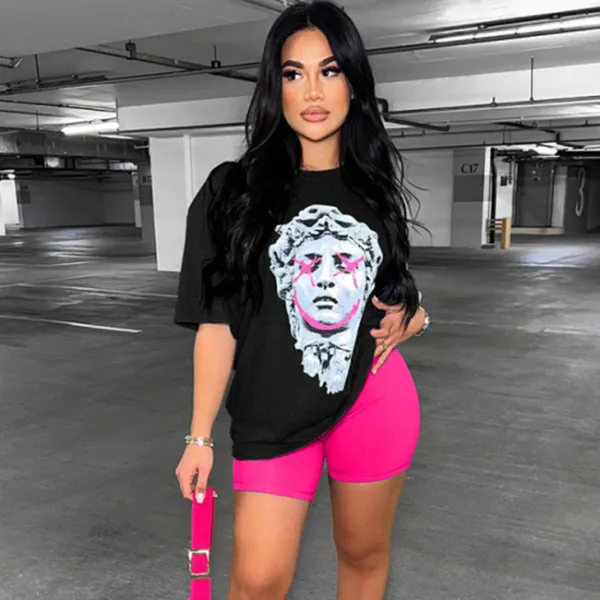 Women Printed Short Sleeve Tshirt Short Suit Casual Sports Two Piece Suit