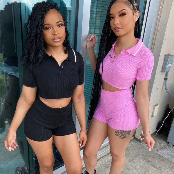 Women Athleisure Fashion Sexy Solid Color Rib-Knit Lapel Crop Top Shorts Two-Piece Set