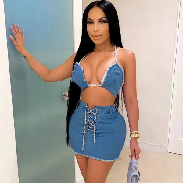 Women Sexy High-Elastic Denim Lace-Up Two-Piece Set