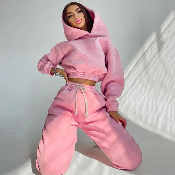 Women Fashion Athleisure Solid Color Hooded Defined Waist Long Sleeve Cropped Sweater And Drawstring Pants Set