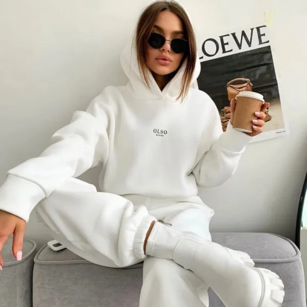 Women Solid Color Hooded Long Sleeve Relaxed Relaxed Top And High Waist Pants Two-Piece Set