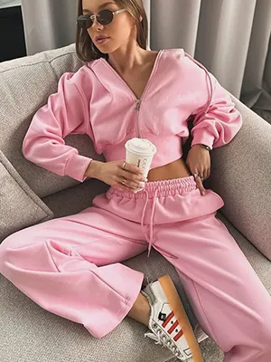 Women Athleisure Solid Color Fleece-Lined Hooded Loose Drawstring Pants Two-Piece Set