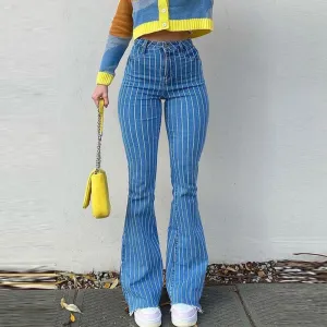 بنطال جينز نسائي كاجوال بطبعات مخططة