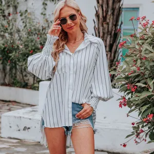 بلوزات نسائية كاجوال مخططة بأكمام واسعة وصدر واحد