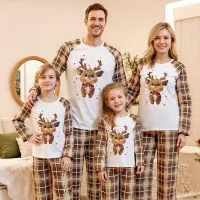 Simple Fashion Plaid Christmas Tree Elk Letter Print Round Neck Short Sleeve Parent-Child Pajamas Suit