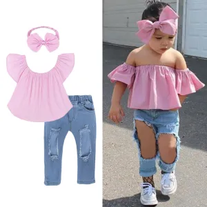 Fashion Pink Off-the-Shoulder Top And Ripped Denim Pants With Headband